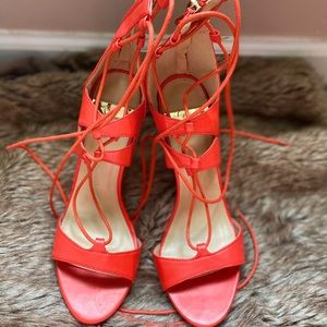 Sexy red Yoki high heels with tie up strap